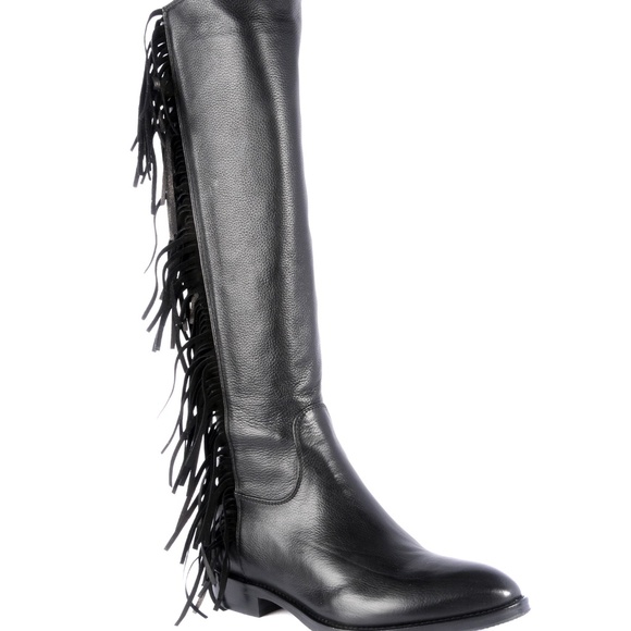 Le Pepe Blk Leather knee high Boots with Fringes - Picture 2 of 5